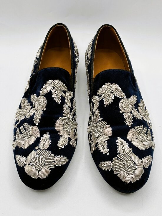 NEW Men\'s Dark Blue Velveteen loafers with Silver Floral Sequins Size 12 D